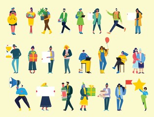 Fototapeta premium Set of people, men and women with different signs. Vector graphic objects for collages and illustrations.