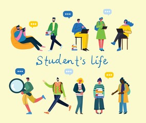 vector set of students with gadgets and books