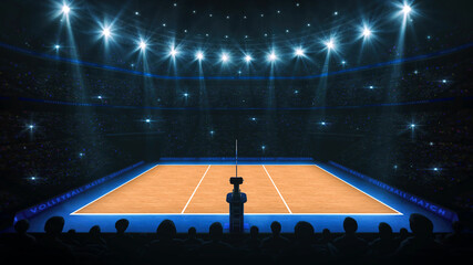 Sport arena interior and professional volleyball court and crowd of fans around. A fan's view of the field from the grandstand. Digital 3D illustration. © LeArchitecto