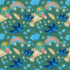 Swallows pattern, bouquets, rainbow, blue flowers. Green background. Retro provence style. Pastel shades. St. Valentine's Day. Gift packaging, textiles, wallpaper.