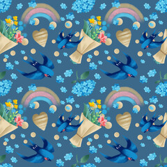 Swallows pattern, bouquets, rainbow, blue flowers. Blue background. Retro provence style. Pastel shades. St. Valentine's Day. Gift packaging, textiles, wallpaper.