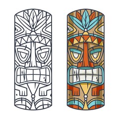 Trendy hawaii wooden tiki mask for surfing bar. Traditional ethnic idol of hawaiian, maori or polynesian. Old tribal totem - obrazy, fototapety, plakaty