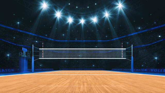 Sport arena interior and professional volleyball court and crowd of fans around. Player's view of the net from the front. Digital 3D illustration.