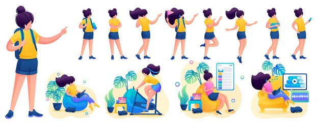 Young girl in various poses and actions, communication, work, training. 2D flat character vector illustration N3