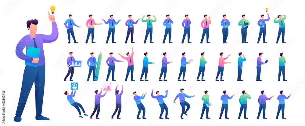 Poster set of young man. presentation in various in various poses and actions. 2d flat character vector ill