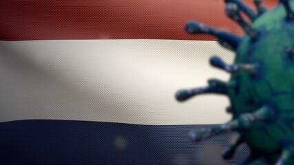 3D illustration Flu coronavirus floating over Dutch flag. Netherlands Covid 19