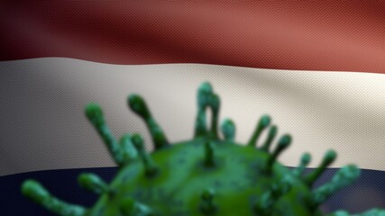 3D illustration Dutch flag waving with Coronavirus outbreak. Covid19 Netherlands