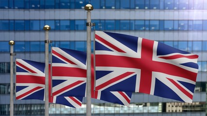 Fototapeta na wymiar 3D illustration United Kingdom flag waving in modern city. Tower Britain banner