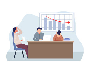 Business collapse illustration. Finance decrease and crisis graph. Falling down business chart arrow, Economic budget collapse, Market risk. Business problem and economy drop. Vector in a flat style