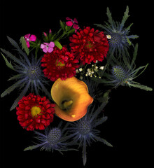 red, orange, and blue flowers