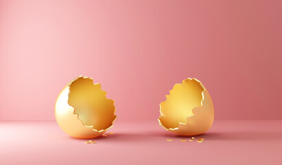 Success Symbol or Happy Easter Concept. Empty Broken Big Golden Egg on pink studi background
