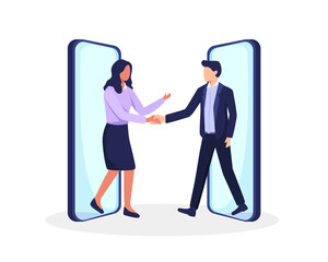 Online agreement or contract concept. Businessman and businesswoman shaking hands after successful negotiations. Business people walking out smartphones screens, Distant meeting. Vector in flat style