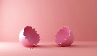 Empty Broken Pink Easter Egg on Pink studio background