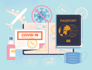 Covid-19 Passport for travel concept with vaccine and certificate © Rudzhan