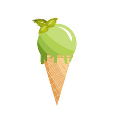 mint refreshing ice cream with mint leaves in a waffle cup. Vector illustration. Colorful ice cream ball in pastel colors. Delicious frozen dessert. Refreshing frozen dessert. 