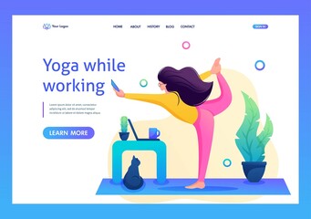 Girl combines yoga classes with work and correspondence on the phone. Flat 2D landing page