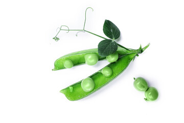 Open pod of green peas, isolated on a white background.
