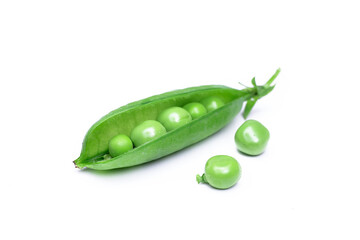 Open pod of green peas, isolated on a white background.