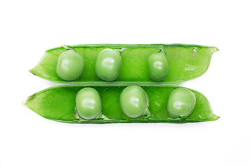 Open pod of green peas, isolated on a white background.