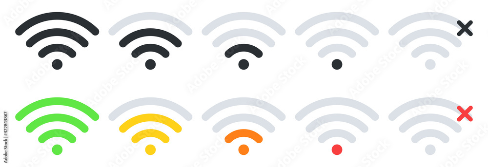 Poster set of wi-fi different signal levels. wireless signal strength indicator icon. sign for remote inter