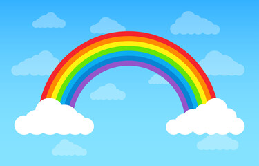 Rainbow with clouds on blue sky. Multicoloured circular arc. Beautiful meteorological phenom occurring after rain. Symbol of sky, clear, nature. Template design for kids bedroom, wallpaper. Vector