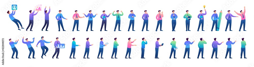 Poster big set of young men for creating illustrations and landing pages. 2d flat character vector illustra