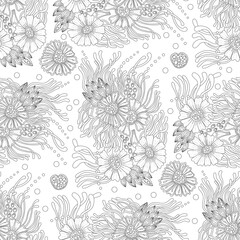 Monochrome doodle bohemian flower seamless pattern for adult coloring book. Black and white floral outline. Vector hand drawn illustration.