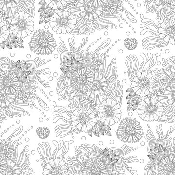 Monochrome doodle bohemian flower seamless pattern for adult coloring book. Black and white floral outline. Vector hand drawn illustration. © Svetlanakras