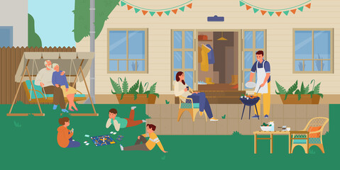Family Having Grill Party In The Backyard. Children Playing Board Game, Parents Cooking, Grandparents Resting In Garden Swing. Patio Background. Flat Vector Illustration.