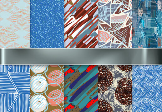 Seamless Pattern Collection with Hand Drawn Rough Abstract Strokes and Floral Elements