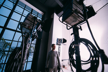 Illuminators with lighting equipment, lighting devices on the set.