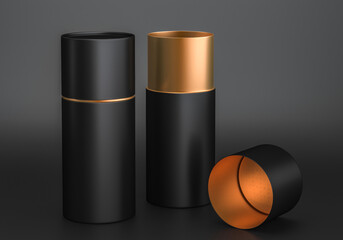 Open gold and black platic or metal or cardboard tube tin can Mockup, 3d render