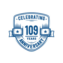 109 years anniversary celebration shield design template. 109th anniversary logo. Vector and illustration.
