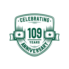 109 years anniversary celebration shield design template. 109th anniversary logo. Vector and illustration.
