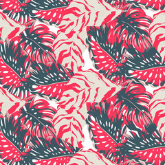 Beach vector seamless pattern. Tropical leaves. Jungle foliage illustration. Exotic plants. Summer beach floral design. 