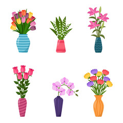 Set of vases with flowers. Collection of flower bouquets in vases, vector illustration