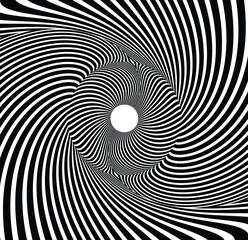 Abstract rotated white lines in circle form on black background. Geometric art. Design element. Digital image with a psychedelic stripes. Vector illustration 