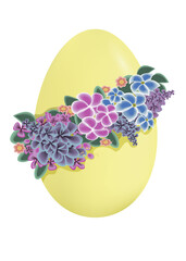 Easter yellow egg in a wreath of flowers on a white background. Vector image.