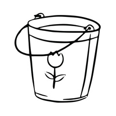 bucket, gardening, contour black and white doodle drawing by hand, isolated on white background
