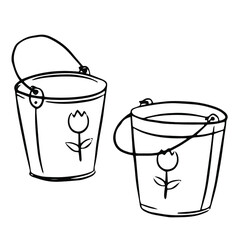 bucket, gardening, contour black and white doodle drawing by hand, isolated on white background