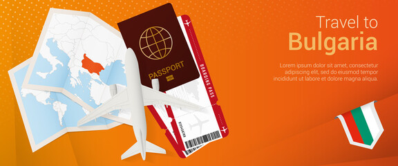 Travel to Bulgaria pop-under banner. Trip banner with passport, tickets, airplane, boarding pass, map and flag of Bulgaria.