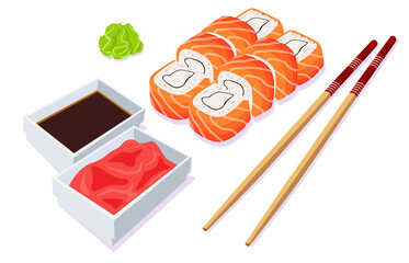 Rolls with chopsticks and gravy boats and wasabis. Isolated over white background. Japanese food in the form of rolls with salmon.