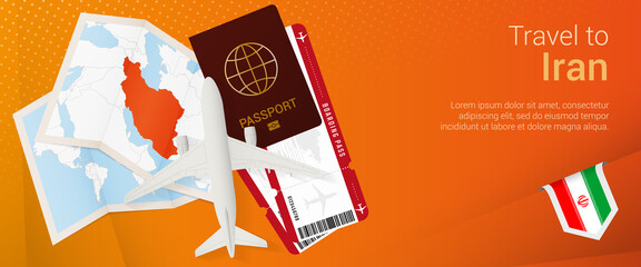 Travel to Iran pop-under banner. Trip banner with passport, tickets, airplane, boarding pass, map and flag of Iran.