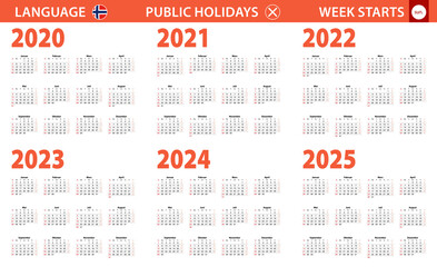 2020-2025 year calendar in Norwegian language, week starts from Sunday.