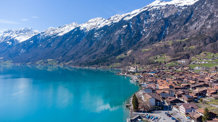 Drone pictures of the village of Brienz and its lake, Switzerland. 