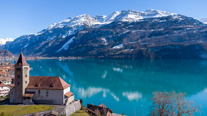 Drone pictures of the village of Brienz and its lake, Switzerland. 