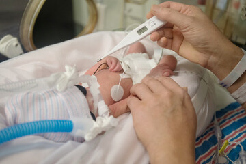 Checking body temperature of premature newborn baby in incubator with a thermometer
