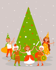 Children in carnival costumes dance around the Christmas tree. Christmas card with cheerful children. Princess, fairy, astrologer, archer, dance around the spruce. Flat vector illustration.