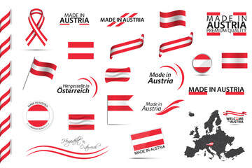 Big vector set of Austrian ribbons, symbols, icons and flags isolated on a white background. Made in Austria, premium quality, Austrian national colors. Set for your infographics and templates