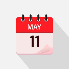 May 11, Calendar icon with shadow. Day, month. Flat vector illustration.